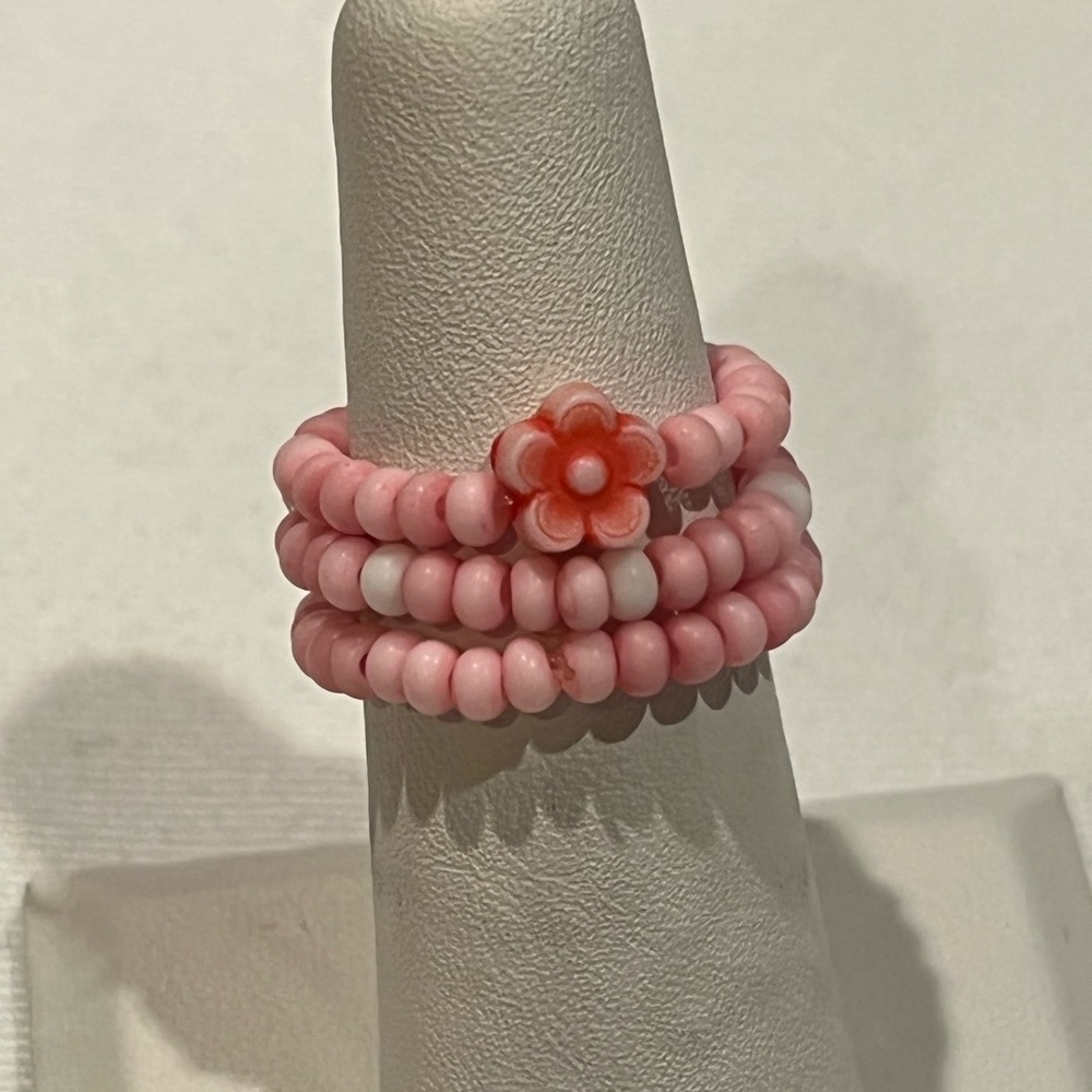 Handmade Peach Flower Beaded Ring Set, Stretchy